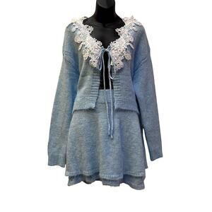 Two-Piece Skirt Sweater Set Cashmere Wool Blend Baby Blue White O/S NWT
